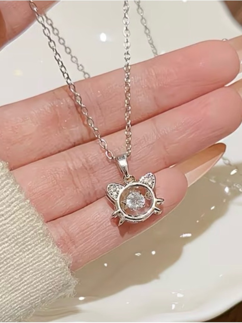 Delicate Silver Cat Pendant Necklace with Clear Stone - Picture 2 of 5